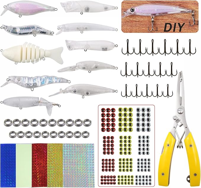 Unpainted Fishing Lures Making Kit DIY Blank Lures Crankbaits Minnow Jerkbait Hard Bait Set with Treble Hooks, Split Rings, Lure Eyes Lure Making Supplies Make Your Own Fishing Lures