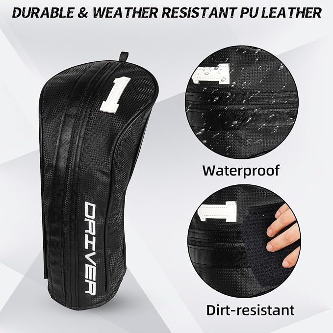 Golf Club Head Covers for Driver Fairway Woods Hybrid, Premium PU Leather Golf Head Covers with Carbon Fiber Pattern, Interchangeable Number Tags, Waterproof Golf Club Covers Set for Men Women