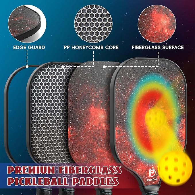 Dulce DOM Pickleball Paddles Set of 2/4 - USAPA Approved, 4 Indoor Outdoor Pickleball Balls, Fiberglass Surface Paddle Racket with Cover Bag, Ideal Training Equipment Gift for Men & Women