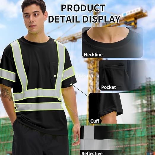 sesafety 3PACK High Visibility Shirts for Men, Class 3 Hi Vis Reflective Construction Shirts for Men with Pocket Safety T Shirts