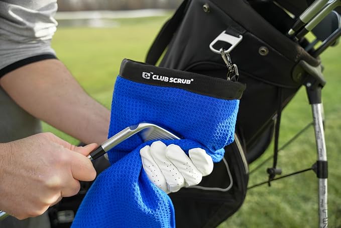Club Scrub Towel Pro, Golf Club and Ball Cleaning Pouch with Attached Towel, Waterproof Exterior, Clean Face Technology Liner, Machine Washable, Cleans Club Grooves, Waffle-Weave Microfiber (Blue)