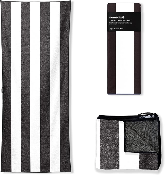Nomadix Original Towel - Perfect for Beach, Pool, Travel, Camping, Yoga - Made with Recycled Materials - Super Absorbent - Sand Resistant - Classic Cabana Black - 72.5x30
