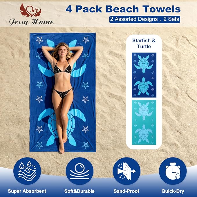 Jessy Home Microfiber 4 Pack Beach Towel Set, 40x70in Oversized Beach Towel, Quick-Dry Sand-Free Highly Absorbent Swim Towel, Soft Pool Towel, Marine Mixed Prints of Starfish & Sea Turtle for Vacation