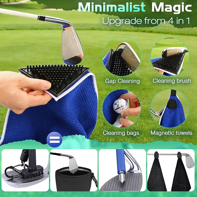 Magnetic Golf Towel with Brush & Cleaning Pocket, 4-in-1 Golf Cleaning Kit 3 Stage Cleaning System Golf Club Cleaning Kit, Microfiber Waffle Golf Accessories 15.7" X 23.6", Blue