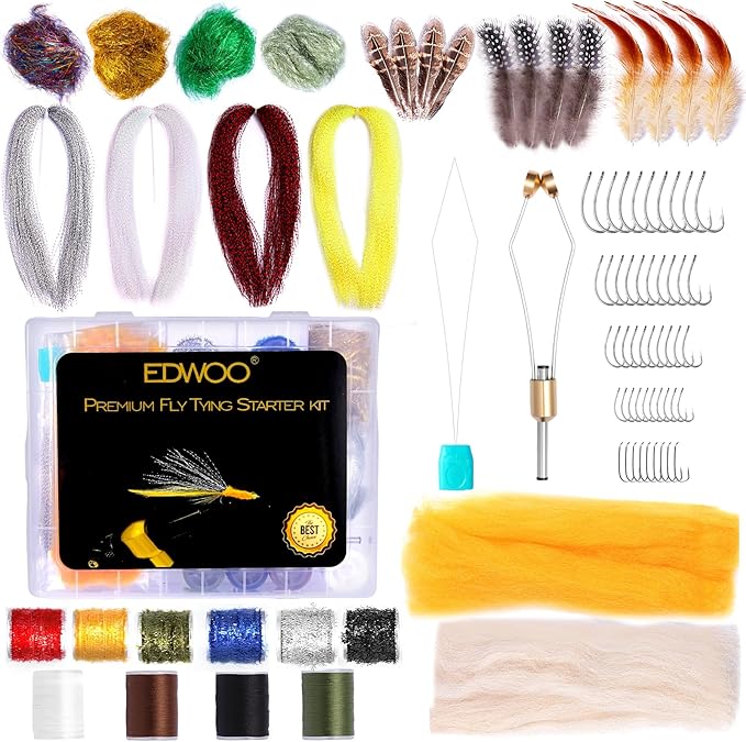 Edwoo Fly Tying Materials kit, 87pcs Starter kit, Fly Tying Tools Bobbin-Holder,Hooks,Crystal Flash,Thread,Chenille,Fishing Lure Accessories,Manual DIY Bait, Best Gifts for Men