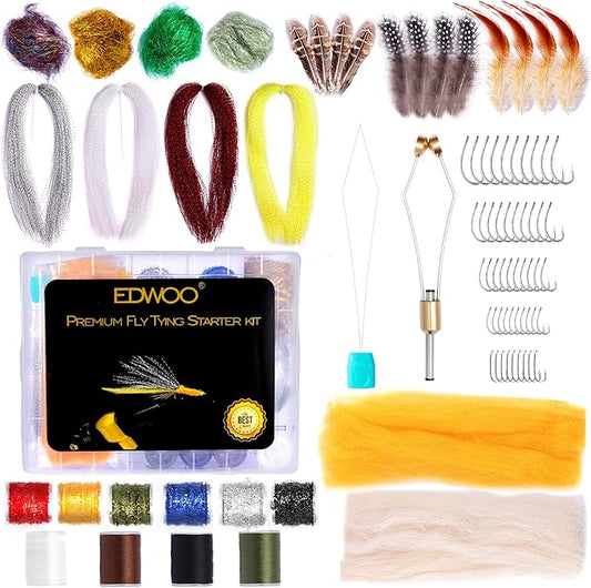 Edwoo Fly Tying Materials kit, 87pcs Starter kit, Fly Tying Tools Bobbin-Holder,Hooks,Crystal Flash,Thread,Chenille,Fishing Lure Accessories,Manual DIY Bait, Best Gifts for Men