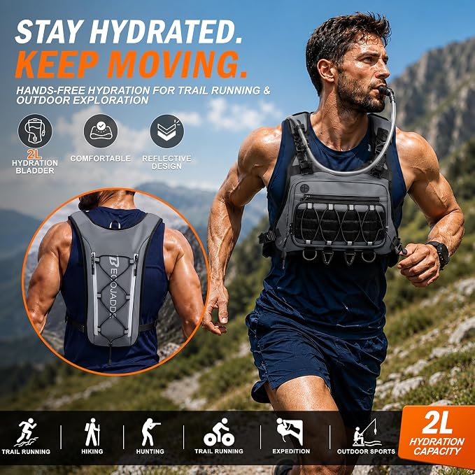 BECOJADDE Running Vest for Men with 2L Water Bladder Tactical Hydration Backpack Adjustable Lightweight Chest Pack for Marathon Hunting Cycling
