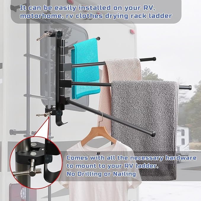 RV Clothes Drying Rack, 4 Arms 15.3" Aluminum for Ladder/Camper/Boat | Aluminum, 304 stainless hardware. 60Lbs capacity. 30s install, no drilling. Fits ladders, boats, RVs, campers, homes