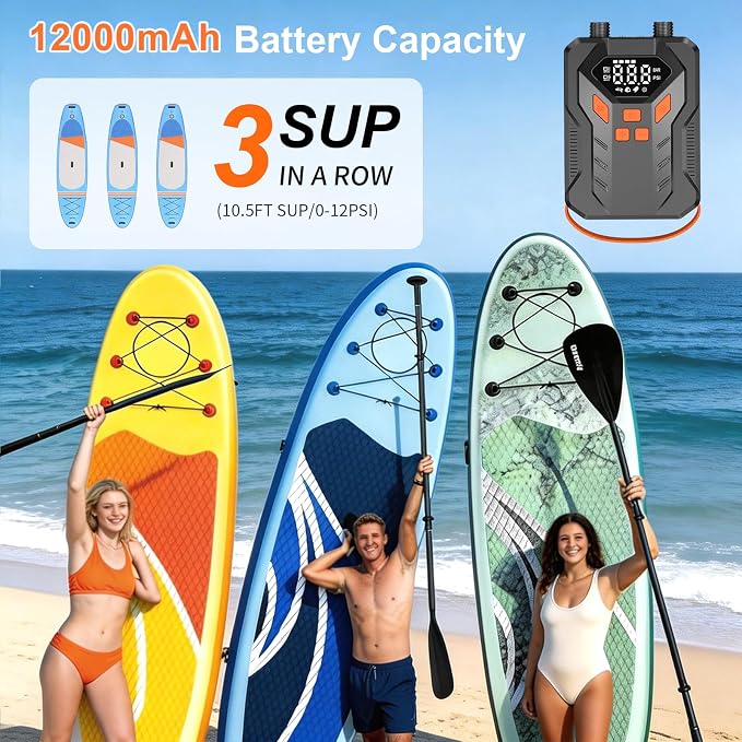 Electric High Pressure Paddle Board Pump 20PSI, Rechargeable SUP Air Pump, Dual-Stage Inflation & & Deflation, Auto-Off, 7 Nozzles, Portable Inflation for Boat, Tent, Kite, Surfing