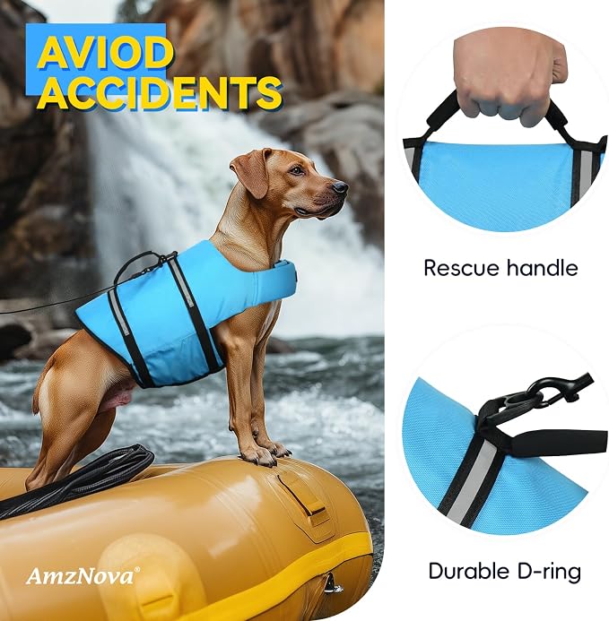 AMZNOVA Shark Dog Life Jacket + Rip Stop Dog Life Jacket, Durable Handle Reflective Buoyance