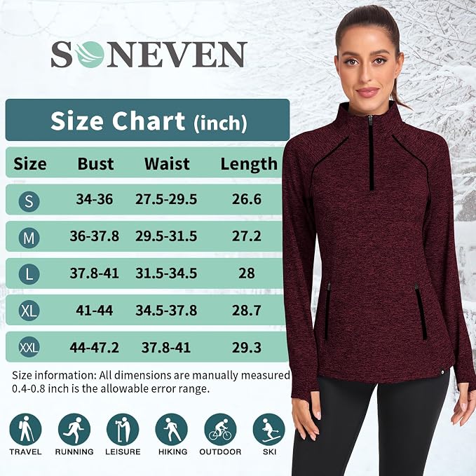 Soneven Women's Thermal Fleece Running Shirts Warm Winter Pullover Cold Weather Workout Hiking Tops with Thumb Holes Pockets