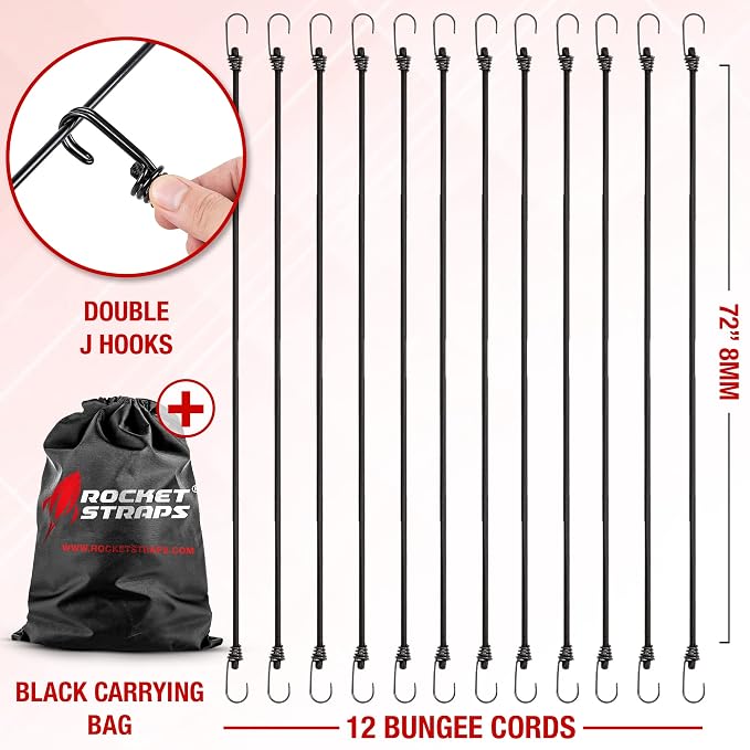 Rocket Straps - Ultimate Outdoor Bungee Cord Assortment - Heavy Duty Set of 12 Bungee Cords (72") Double-J Hooks - Elastic Straps for Camping, Securing, and DIY and Multipurpose