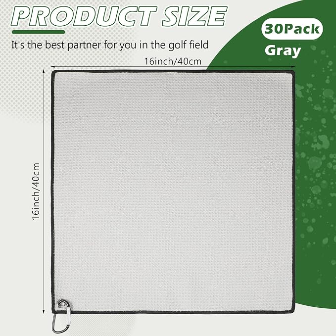Batiyeer 30 Pcs Bulk Golf Towels for Golf Bags 16'' x 16'' Microfiber Fabric Golf Towel Waffle Pattern with Clip for Bags Men Mini Tournament Fitness Yoga Camping(Gray)