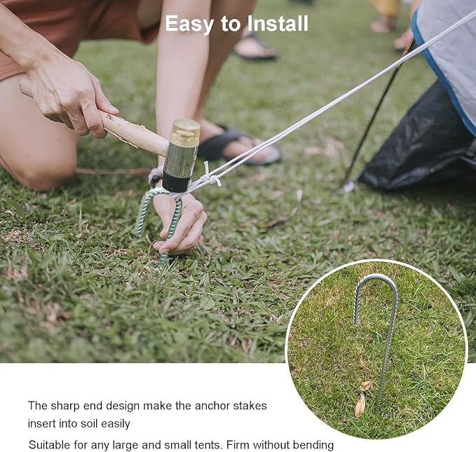 Rebar Stakes, 16 Inch Heavy Duty Galvanised Steel Rebar Ground Stakes, Fence Anchors, Ground Stakes with Hook, Ground Blind Stakes for Marquees, Gazebos, Tents, Trampolines, Camping (8pcs)
