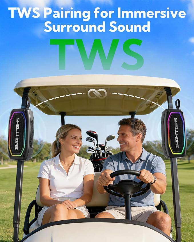 ShellHome Golf Magnetic Bluetooth Speakers, Portable Wireless Waterproof Speaker, 30H Playtime, IPX6, Shockproof, TWS Stereo, RGB Lights, Golf Cart Accessories, Golf Gifts, for Outdoor, Camping