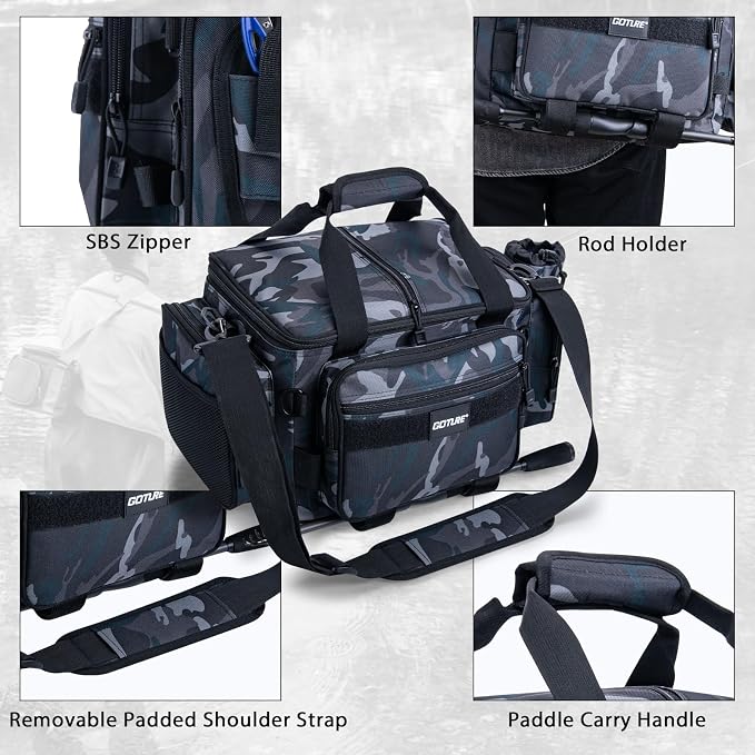 Goture Fishing Tackle Bag with 2PCS 3700 Tackle Boxes | 600D Water-Resistant, Rod Straps, Detachable Bottle Pouch, SBS Zippers, Freshwater & Saltwater Gear Storage Fishing Bag