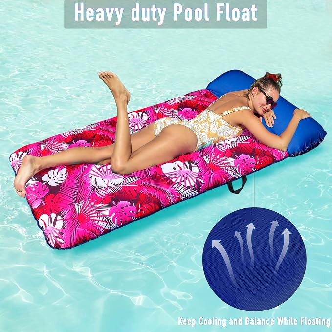 FindUWill Oversized Pool Float Lounge, 72" X 37" Extra Large Fabric-Covered Pool Floats for Adults, Inflatable Contour Lounger with Headrest Ultra-Comfort Cooling Pool Raft (XL, Monstera)