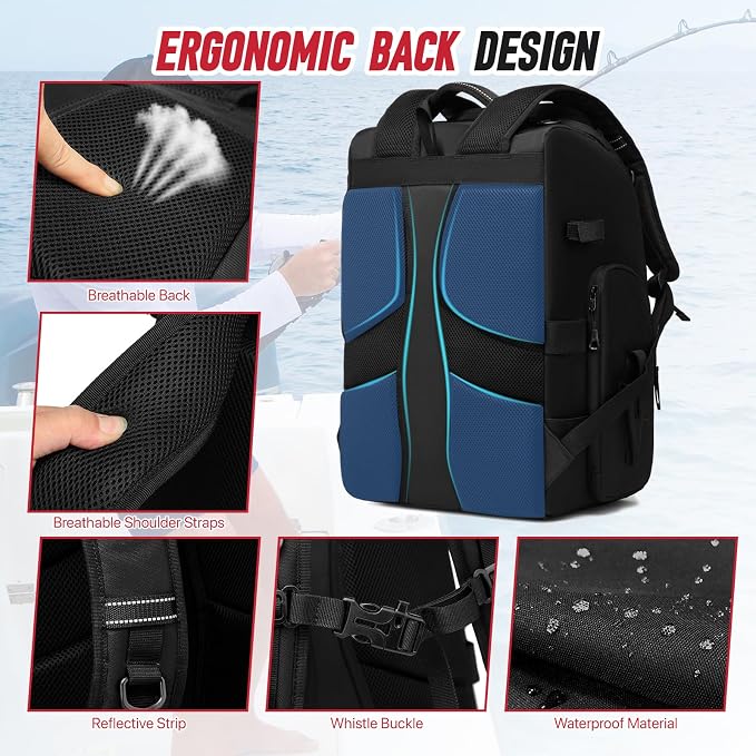 Fishing Tackle Backpack, 40L Tackle Bag with 2 Rod Holders & 4 Tackle Boxes, Water-Resistant Large Storage Fishing Gear and Equipment, Fisher Gifts for Men, Black