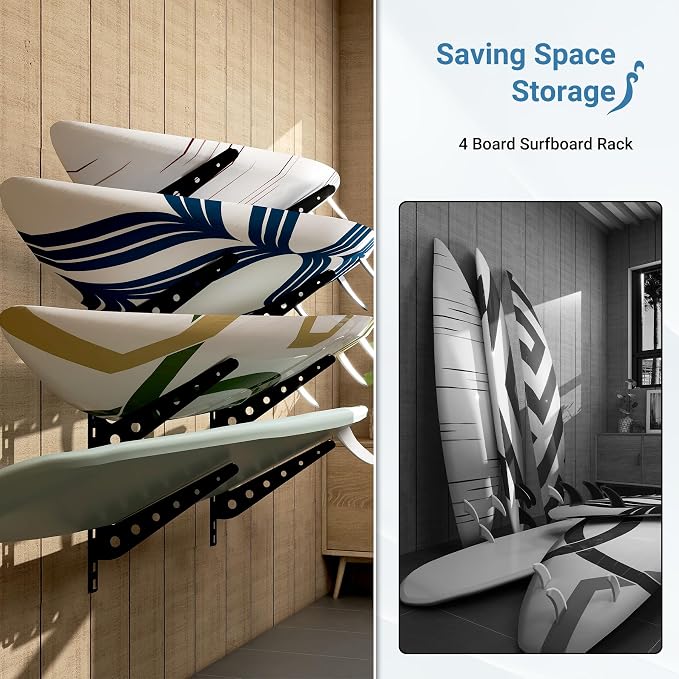 2/3/4/6 Board Horizontal Surfboard Rack, Adjustable Surfboard Wall Mount Display, Surfboard Wall Rack Board Storage Mount System at Home and Garage