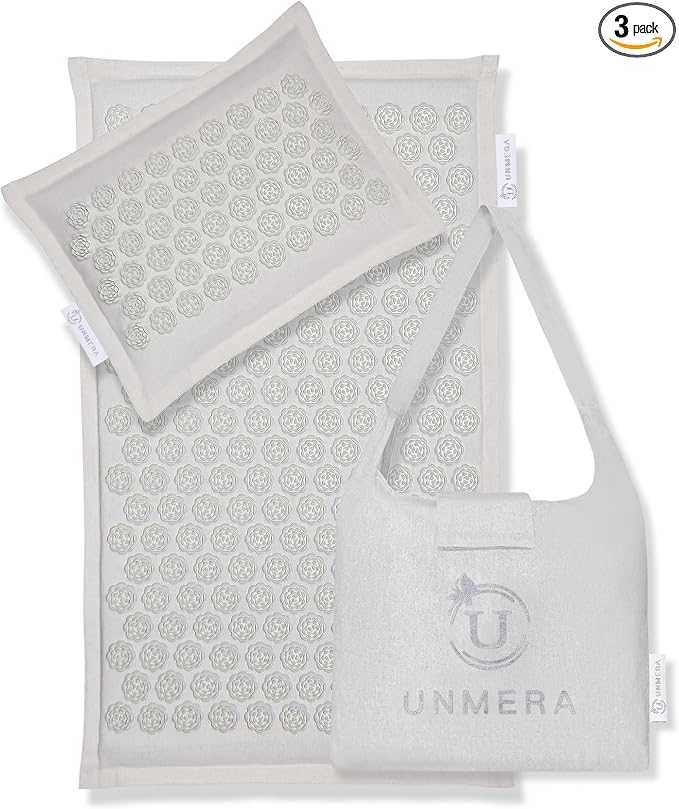 UNMERA Acupressure Mat and Pillow Set,Natural Eco Linen & Coconut Fiber Filling,for Back/Neck Pain Relief, Sciatic, Headache and Muscle Relaxation, Comes with Carrying Bag