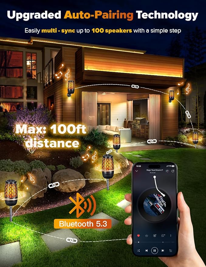 Upgraded Outdoor Speakers with Flame & RGB Lights, 10W HD Stereo, Bluetooth 5.3 Auto-Pairing, Multi-Sync 100+ Speakers, IPX6 Waterproof, Perfect for Patio, Pool, Party | Gifts for Men & Women(1Pack)