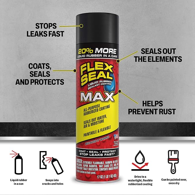 Flex Seal MAX, 17 oz, 2-Pack, Black, Stop Leaks Instantly, Waterproof Rubber Spray On Sealant Coating, Perfect for Gutters, Wood, RV, Campers, Roof Repair, Skylights, Windows, and More