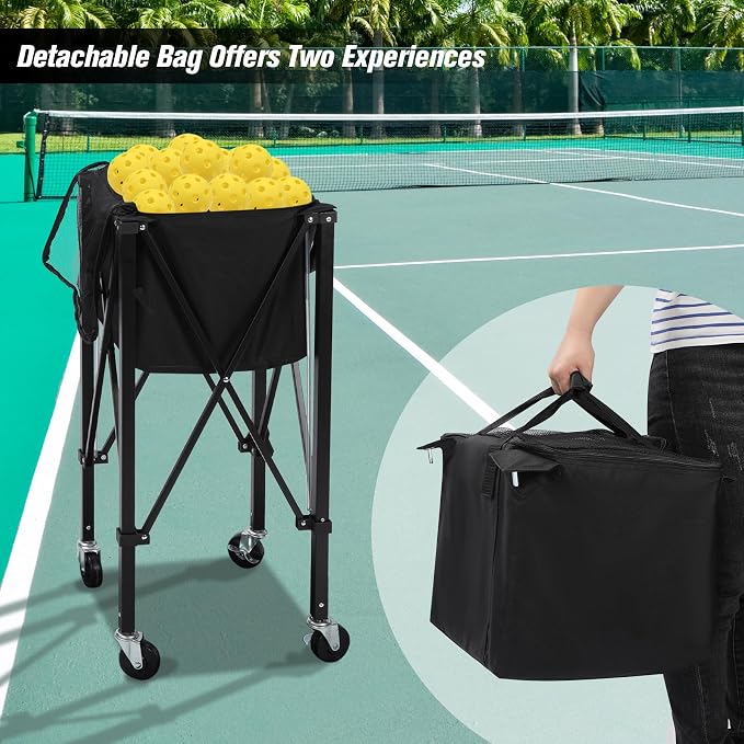 Portable Tennis Ball Hopper Holds 180 Balls, Tennis Ball Basket Cart with 4 Wheels & Brakes, Detachable Oxford Fabric Bag for Tennis and Pickleball Training, Black