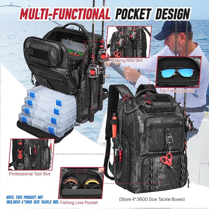 Fishing Tackle Backpack,Tackle Bag with 2 Rod Holders,Water-Resistant Large Storage Fishing Gear and Equipment (B-Black Camo)