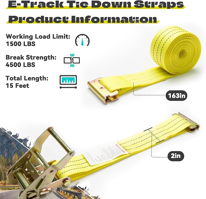E Track Ratchet Straps Tie Down Strap (8-Pack), 2in×15ft Heavy Duty Tie Down Cargo Straps，4400 LBS Breaking Strength E Track Trailer Tire Straps for Tires Motorcycles Tailers Loads, Yellow.