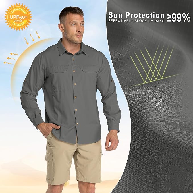 33,000ft Men's Long Sleeve Hiking Shirts Lightweight Quick Dry Sun Protection UV UPF 50 Fishing Shirt Outdoor Safari Travel