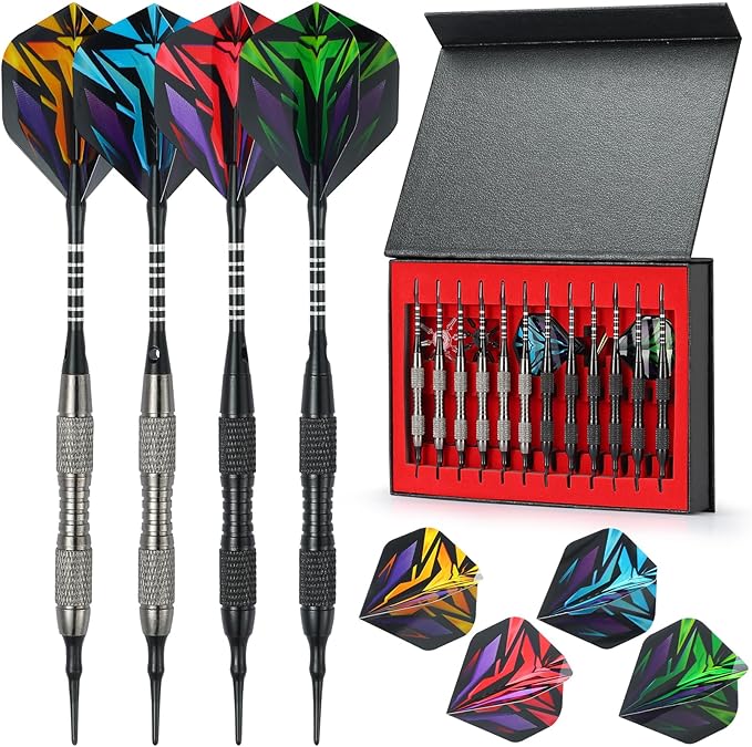 Soft Tip Darts Set with Gift Box Dart Case Professional Darts Plastic Tip with 100 Dart Tips 12 Shafts 24 Flights Tool Kit Flight Protectors for Electronic Dart Board