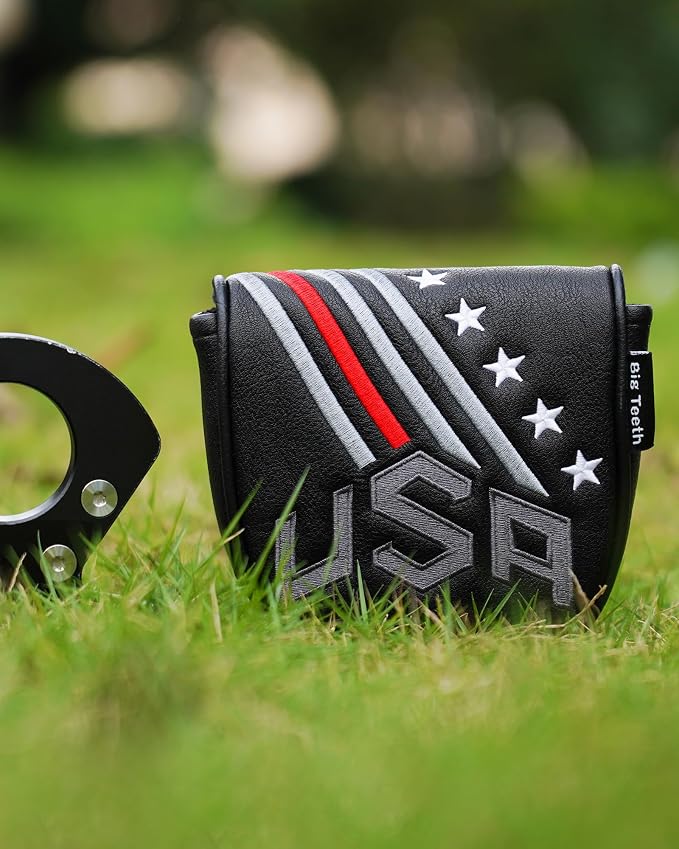 Big Teeth Golf Cover USA Stripe and Star Headcover Covers, Driver Fairway Wood Hybrid Headcovers Fits Blade Mallet Putter Iron and Woods with Magnetic Club Protector Pu Leather Golf Accessories