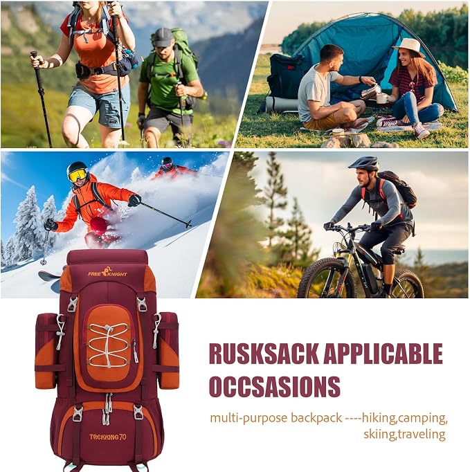 Bseash 70L (65+5) Waterproof Hiking Camping Backpack with Rain Cover, Outdoor Sport Travel Daypack for Climbing Touring (Red)