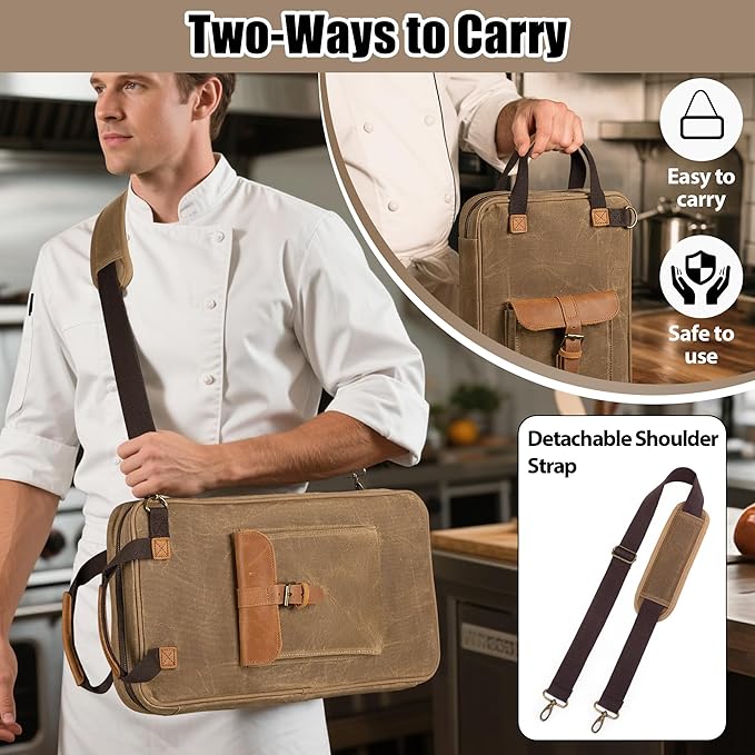 Damero Chef Knife Bag, Waxed Canvas Chef Storage Bag with 11 Slots and 2 Mesh Pockets, Knife Carrier Travel Knife Bag with Top Handles and Detachable Shoulder Strap for Kitchen Tools & Chef Utensils