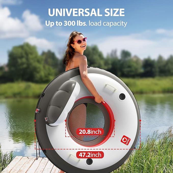 QPAU Inflatable River Tube, 0.4 mm Thickened Puncture-Resistant Heavy Duty River Float, River Raft with Ergonomic Backrest, Mesh Bottom & 2 Cup Holders for Family Friends Lake Float