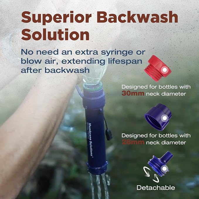 Membrane Solutions S2 Detachable Water Filter Straw (Pack of 4) with 23oz Collapsible Squeezable Water Filtration System