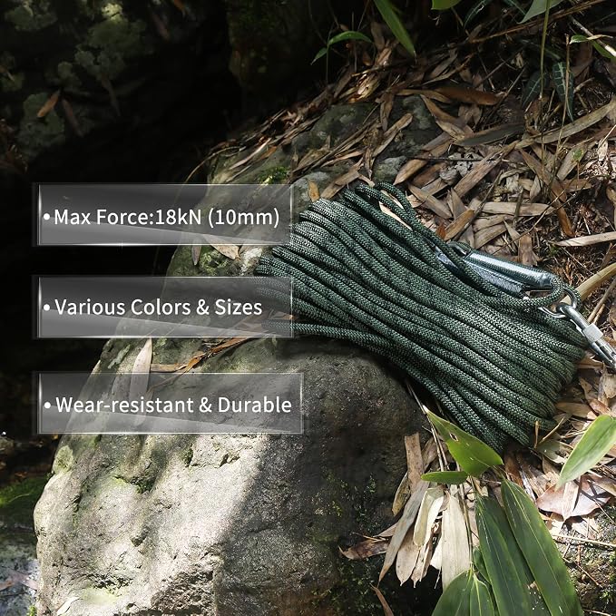 NewDoar Climbing Rope 8(5/16in),10mm (3/8in), High Strength Accessory Cord Rope with 2 Steel Hooks, for Outdoor Rescue Rappelling Rope Down Cliffs ledges Safety Escape Tow Strap Equipment(ArmyGreen)