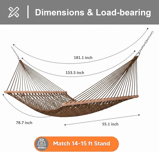 SUNCREAT Hanging Backyard Rope Hammock with Spreader Bar, Carrying Bag, 450 lbs Capacity, Portable Two Person Hammock with Tree Hooks, Brown