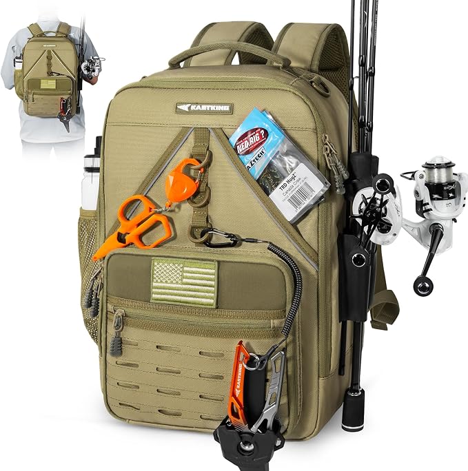KastKing KarryAll KastMate Fishing Tackle Backpack,Water-Resistant Tackle Bag With 2 Rod Holders,Fishing Gear and Equipment With Large Gear Storage,Khaki