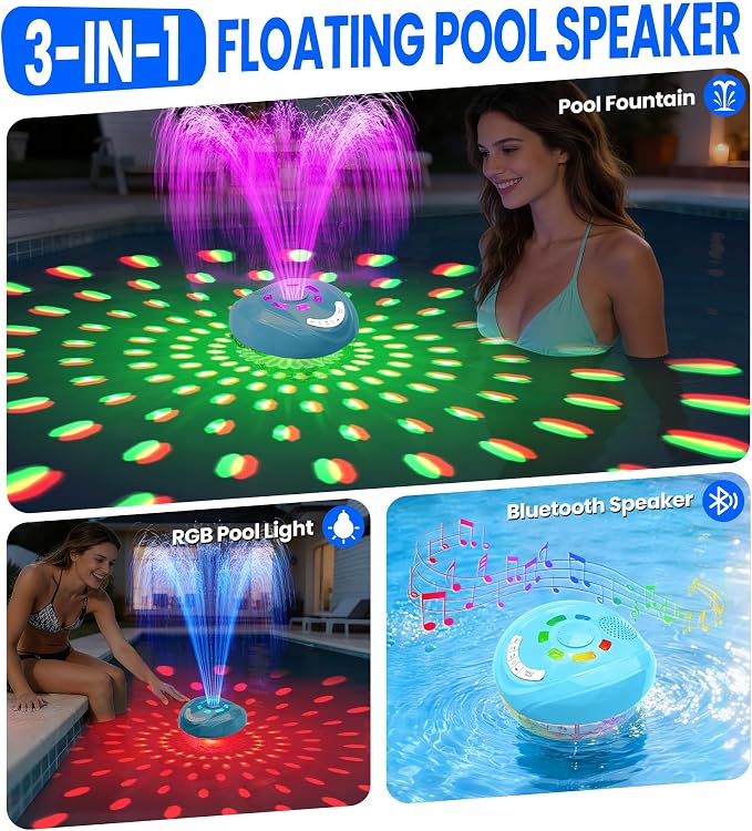 FluSing 3 in 1 Pool Fountain with Bluetooth Pool Speaker,Rechargeable Floating Pool Fountain with Light,Pool Water Fountain Pump IP68 Waterproof Pool Speaker,BT5.4,Above Ground Pool Fountain-LightBlue
