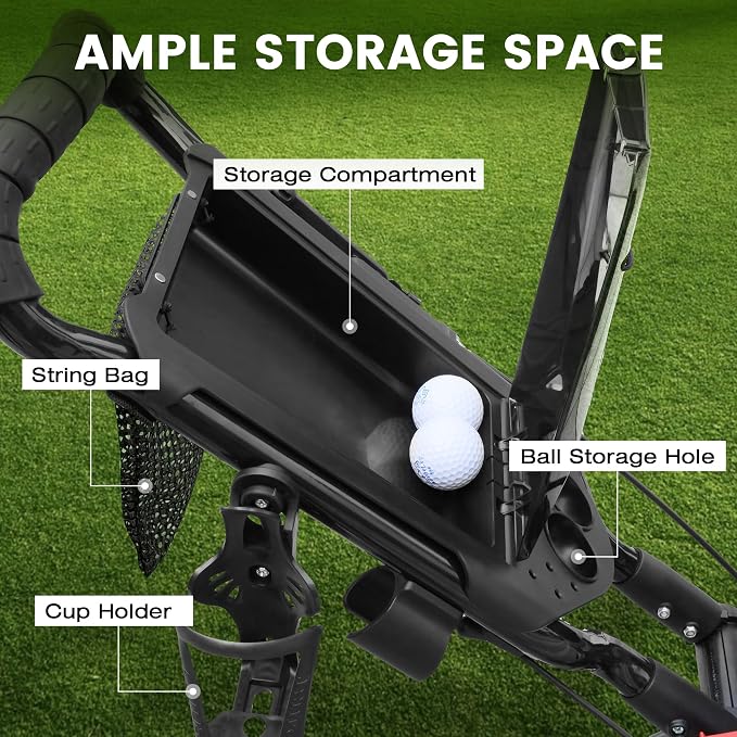 4-Wheel Golf Push Cart, 1-Click Folding, 300 lbs Load Capacity, Large Storage with Cup Holder, Cooler Bag, 10" Durable Wheels with Brake for All-Terrain, CruiseMaster V8 Golf Cart
