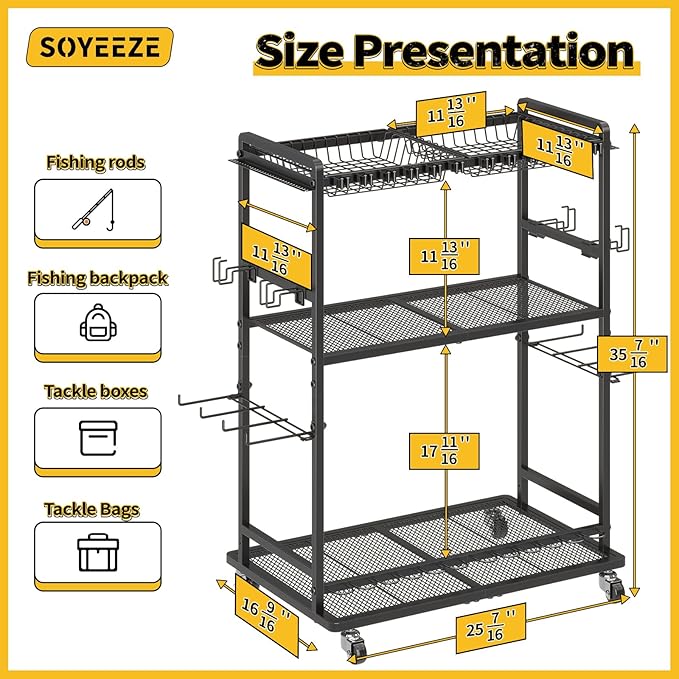 SOYEEZE Large Size Fishing Rod Holders for Garage, Heavy Duty 3-Tier Fishing Pole Rack Holds Up to 12 Rods, Fishing Gear Organizer with 2 Metal Baskets, Fishing Storage Cart with Lockable Wheels