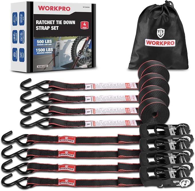 WORKPRO Ratchet Tie Down Straps, 4-Pack | 1" x 12' | 1500 lbs Break Strength Heavy Duty Ratchet Straps, Fits for Moving Appliances Motorcycle ATV Truck (Black&Red)