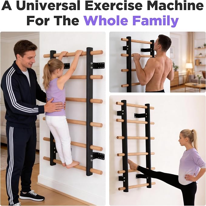 Half Height Swedish Wall Ladder Stall Bar, Space Saving Wall Mounted Solid Wood Steel Stretch Training Bar for Small Apartment Home Gym Yoga Physical Therapy