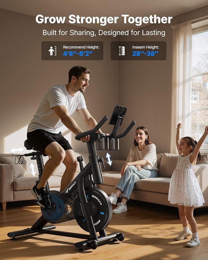 Merach Exercise Bike, Magnetic Friction Stationary Bike with Brake Pad and Exclusive App, Low Noise Indoor Cycling Bike with 300lbs Weight Capacity, Tablet Mount and Fitness Courses for Weight Loss