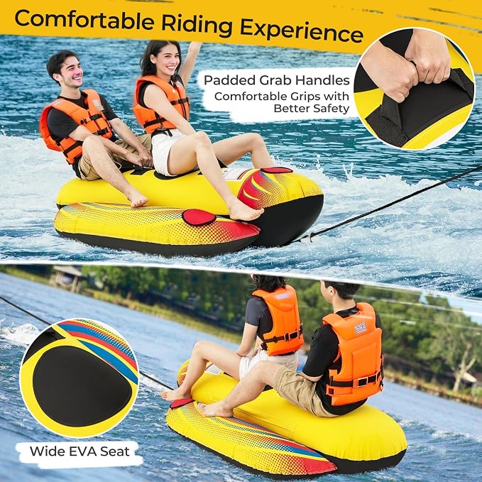 Towable Tubes for Boating, Inflatable Hot Dog Water Tube for Boat to Pull, Water Sports Banana Boat Tubes and Towables w/Double Stitched Nylon Cover, Padded Seat, Easy Grip Handles