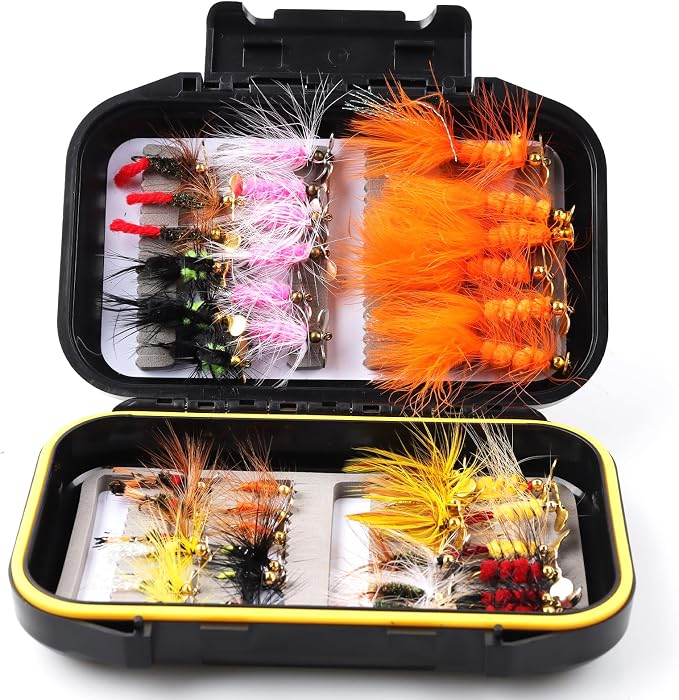 Fly Fishing Flies Assortment Kit Dry Wet Nyphms Tenkara Popper Streamer Woolly Bugger for Trout Bass Salmon Steelhead with Fly Box