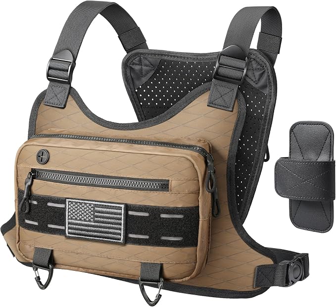 RXW Outdoor Sport Chest Rig for Men Women, Running Vest Bag with Pack Holster, Chest Pack Built in Phone Holder for Cycling, Camping,Travel, Hiking, Workouts, EDC（Brown）