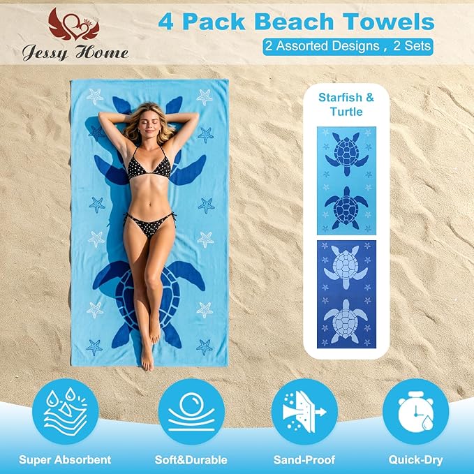 Jessy Home Microfiber 4 Pack Beach Towel Set, 40x70in Oversized Beach Towel, Quick-Dry Sand-Free Highly Absorbent Swim Towel, Soft Pool Towel, Marine Mixed Prints of Starfish & Sea Turtle for Vacation