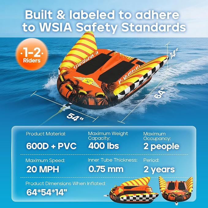 Towable Tubes for Boating - 2-3 Person Shark Battle Tank, Boat Tubes & Towables, EVA Foam Pads, Drainage, Super Safe Handle, Quick Connector